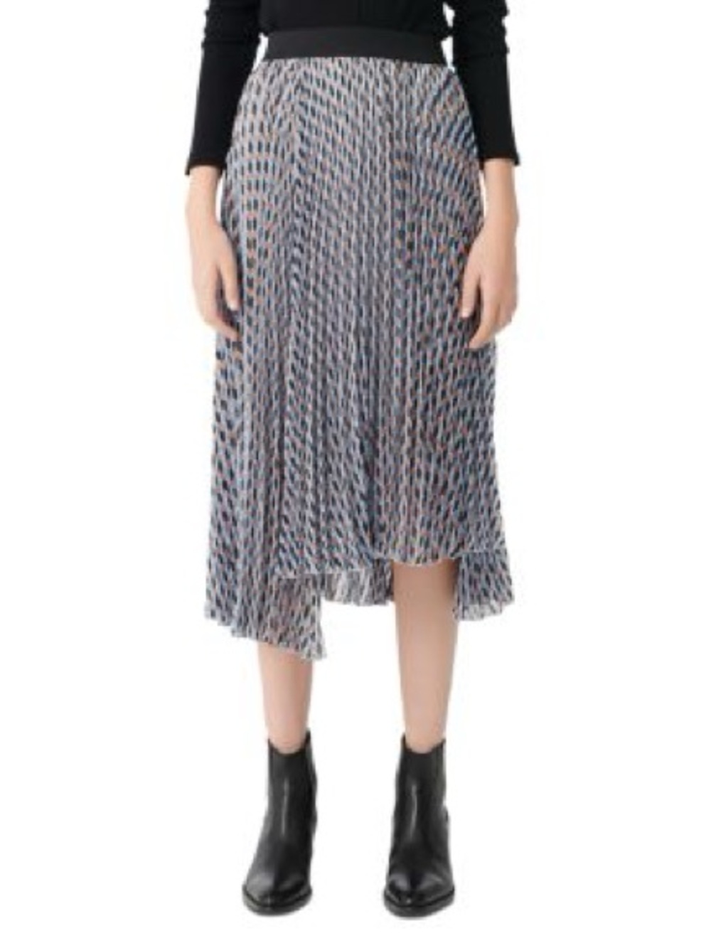 NWOT Elegant Black, Orange Patterned Baby Blue Pleated Skirt